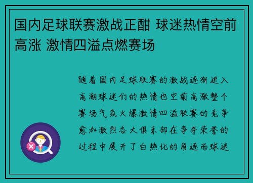 国内足球联赛激战正酣 球迷热情空前高涨 激情四溢点燃赛场