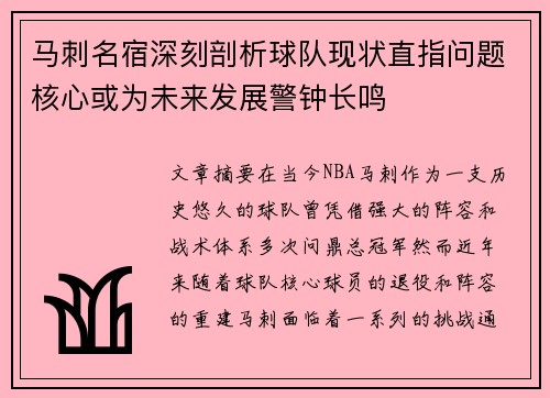 马刺名宿深刻剖析球队现状直指问题核心或为未来发展警钟长鸣